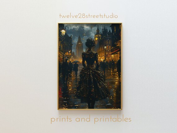 Victorian Woman Rainy London Night Black Lace Big Ben Glow Poster