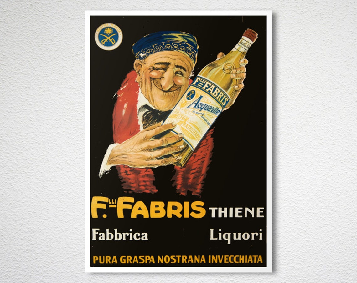 Flli Fabris Thiene Grappa Old Man Hugging Bottle Vintage Poster - Image 2