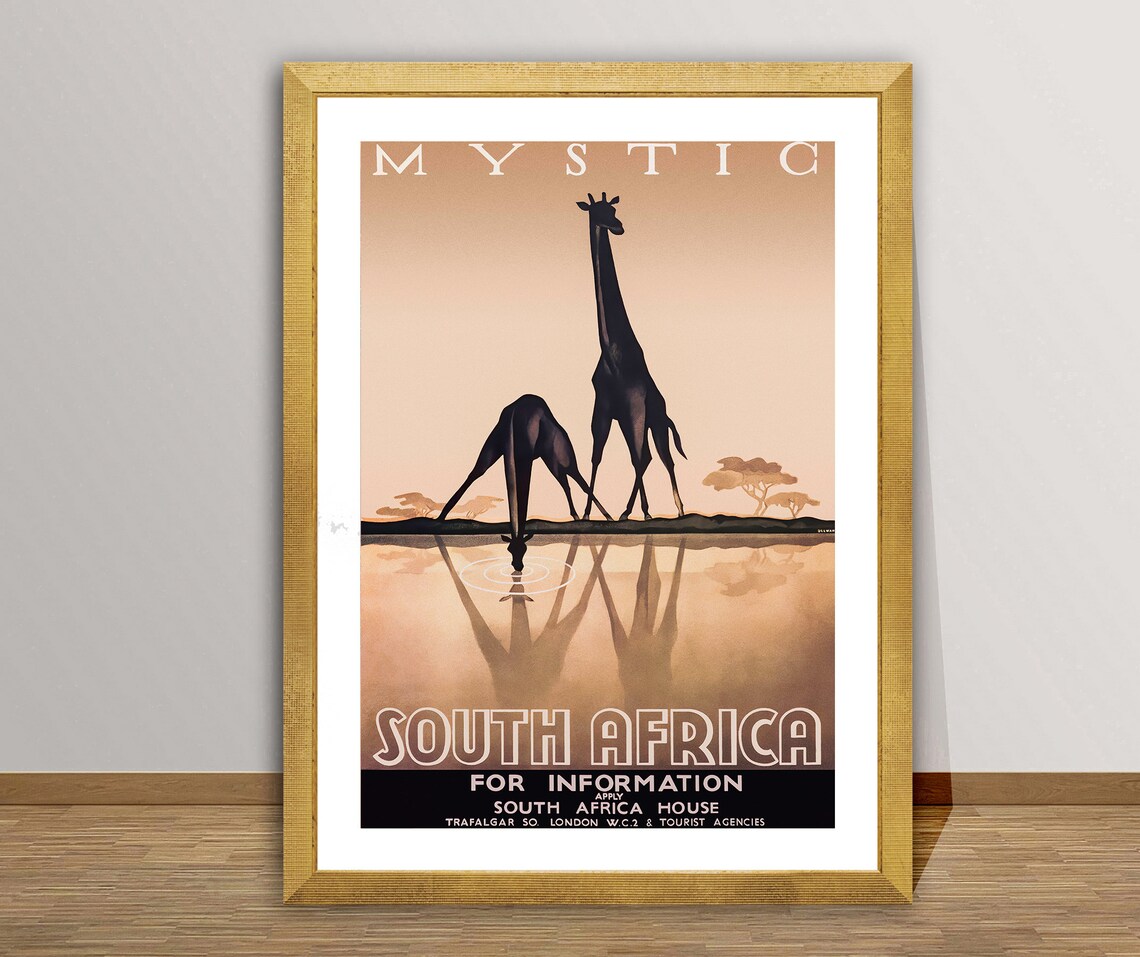 Mystic South Africa Giraffes Savannah Art Deco Travel Poster