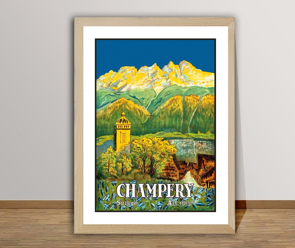 Champery Suisse Vintage Travel Poster, Wall Art Print