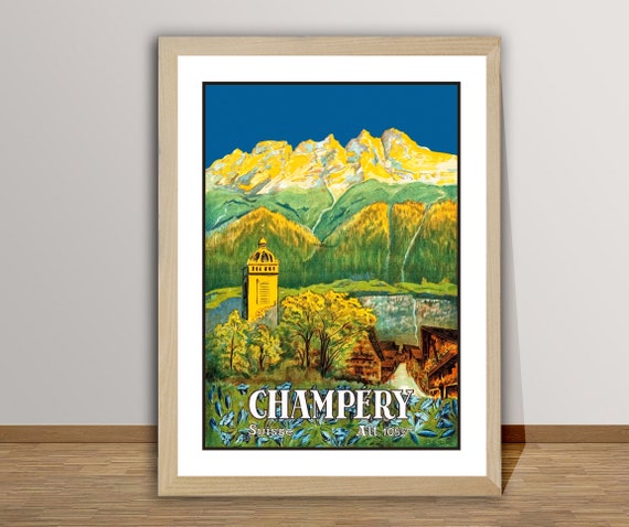 Champery Suisse Vintage Travel Poster, Wall Art Print