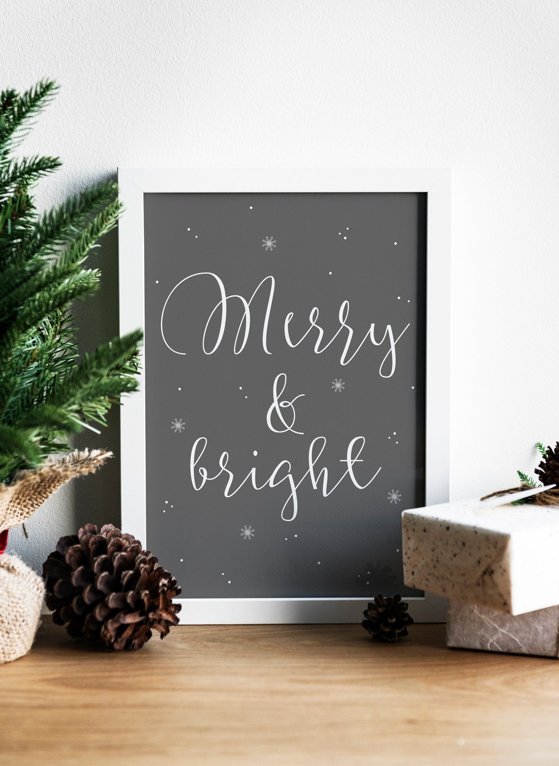 Merry And Bright White Script On Charcoal Gray Snowflake Wall Print - Image 3