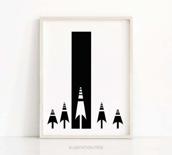 Modern Scandinavian Forest, Black and White Art Print