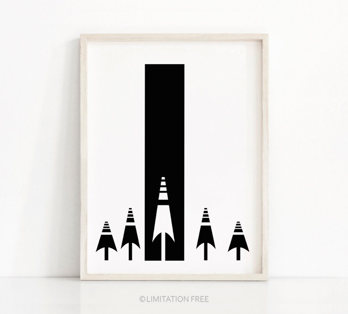 Modern Scandinavian Forest, Black and White Art Print