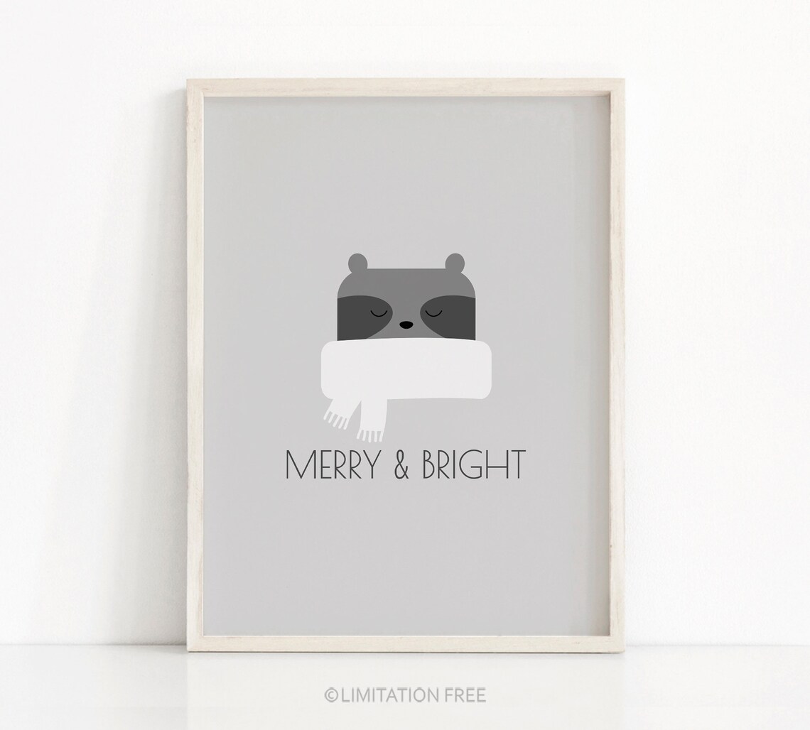 Cute Raccoon In White Scarf Merry And Bright Gray Nursery Wall Print