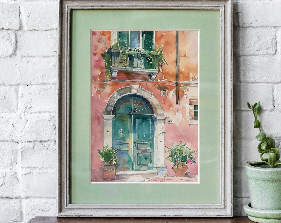 Italian Doorway Watercolor Balcony Old Town Europe Travel Art Poster - Image 4