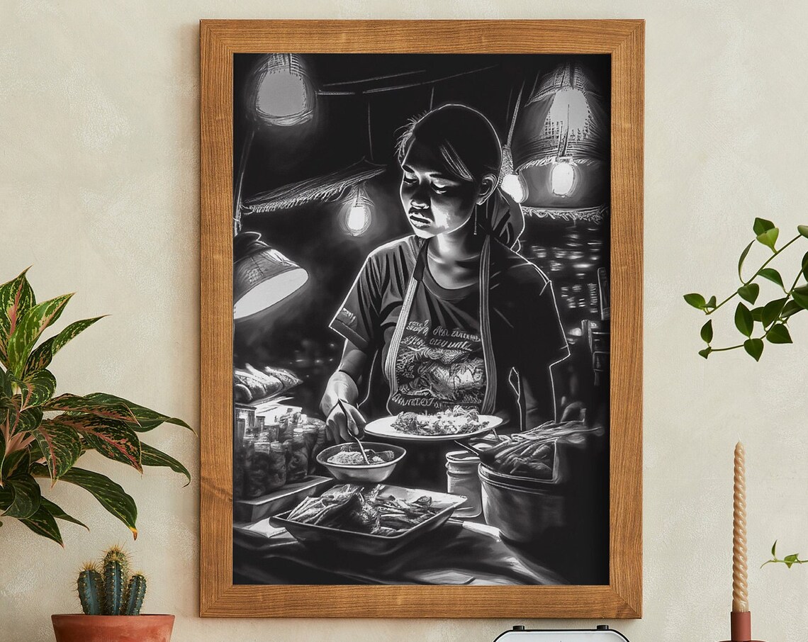 Thai Street Food Vendor at Night Market Black and White Poster