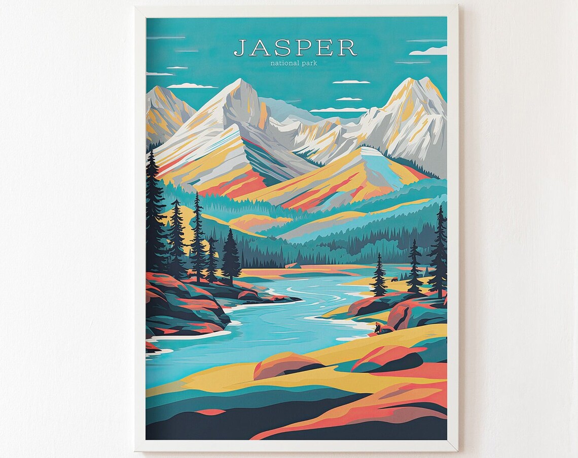 Jasper National Park Teal Mountains Retro Canada Travel Poster