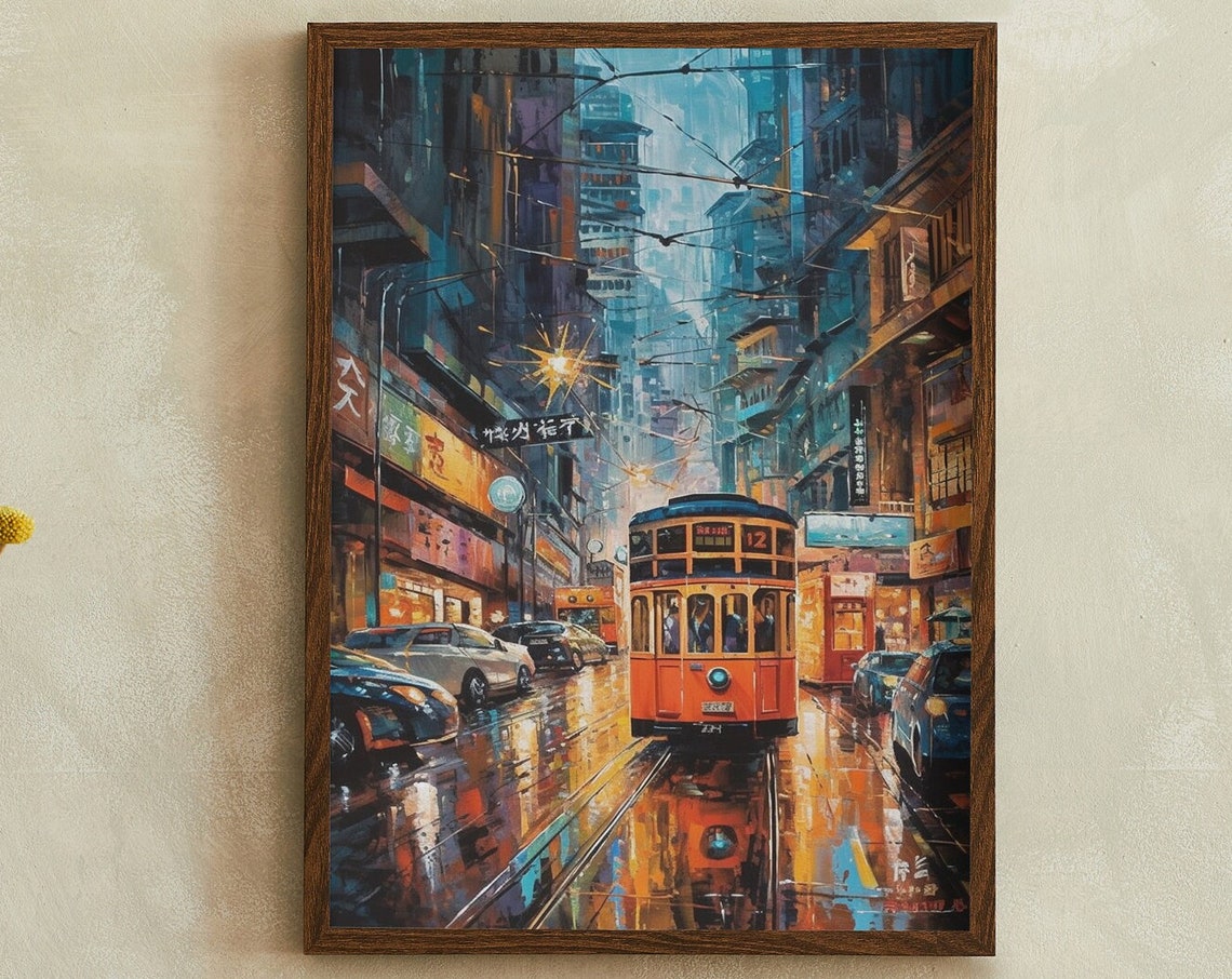 Hong Kong Tram Number 12 on Rainy Neon Street Night Cinematic Poster