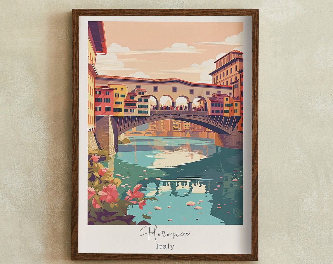 Florence Italy Ponte Vecchio Bridge Over the Arno River Travel Poster