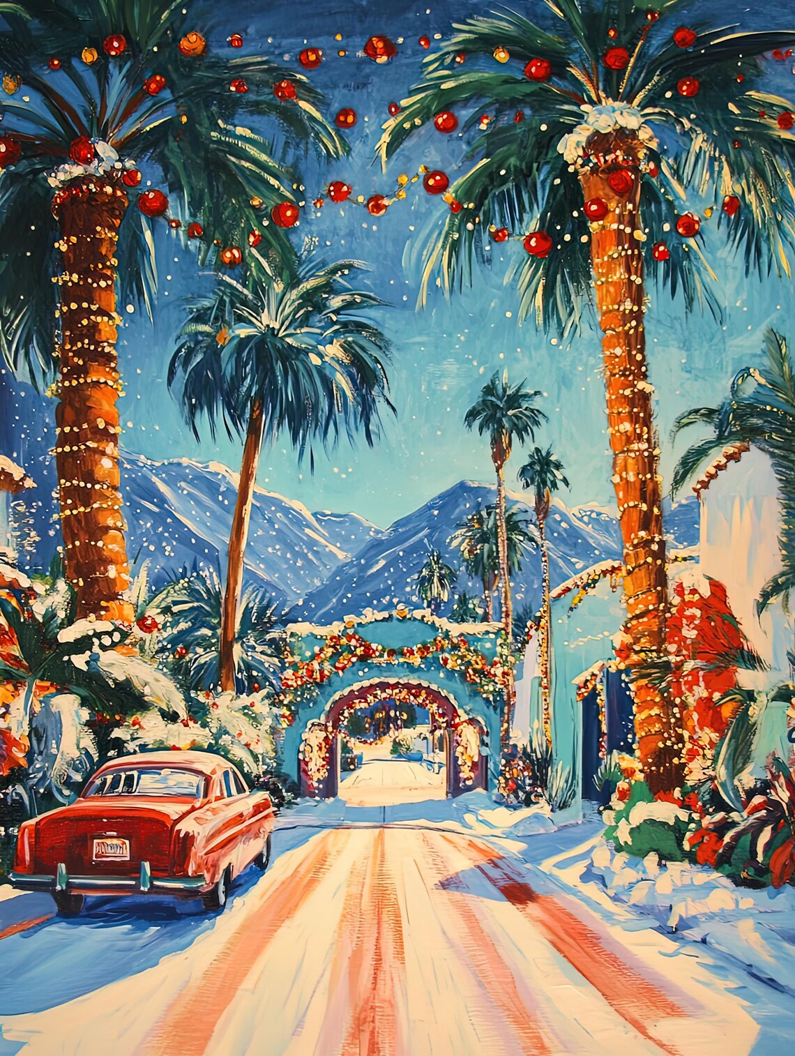 Palm Tree Christmas Street With Snowy Mountains Holiday Poster - Image 2