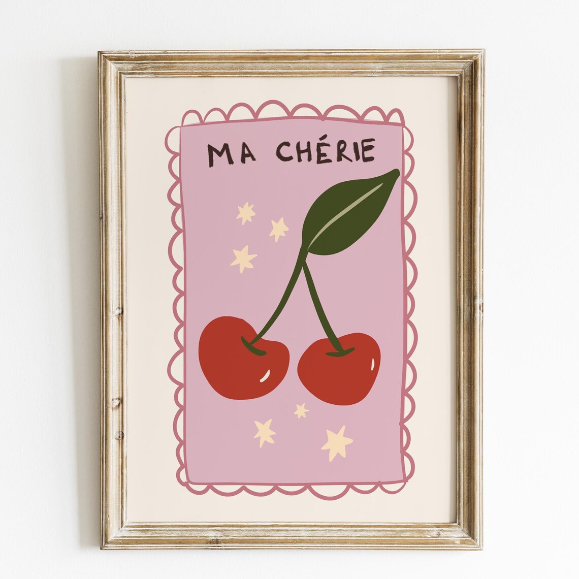 Ma Cherie Red Cherries Pink Scalloped Stamp French Art Poster