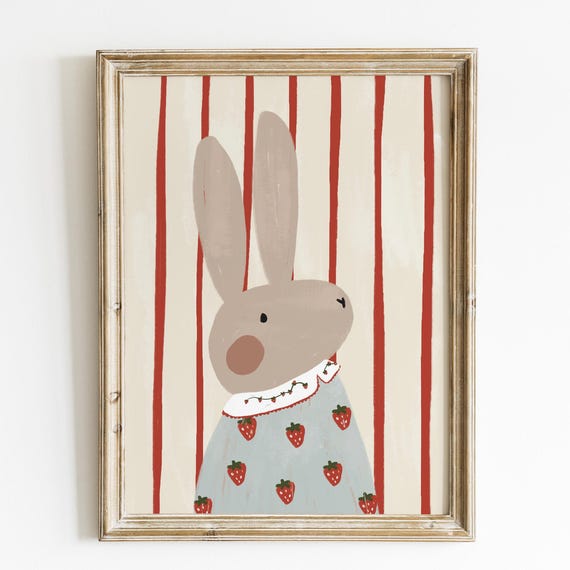 Whimsical Bunny Print Retro Nursery Wall Art New Baby Room Minimalist Toddler Playroom Cute Animal For Kids