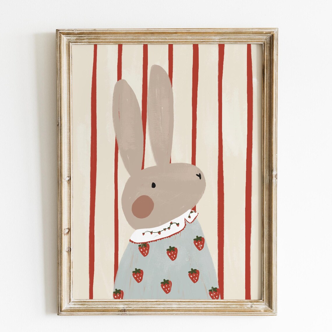 Sweet Bunny in Strawberry Dress Red Striped Kids Nursery Art Poster