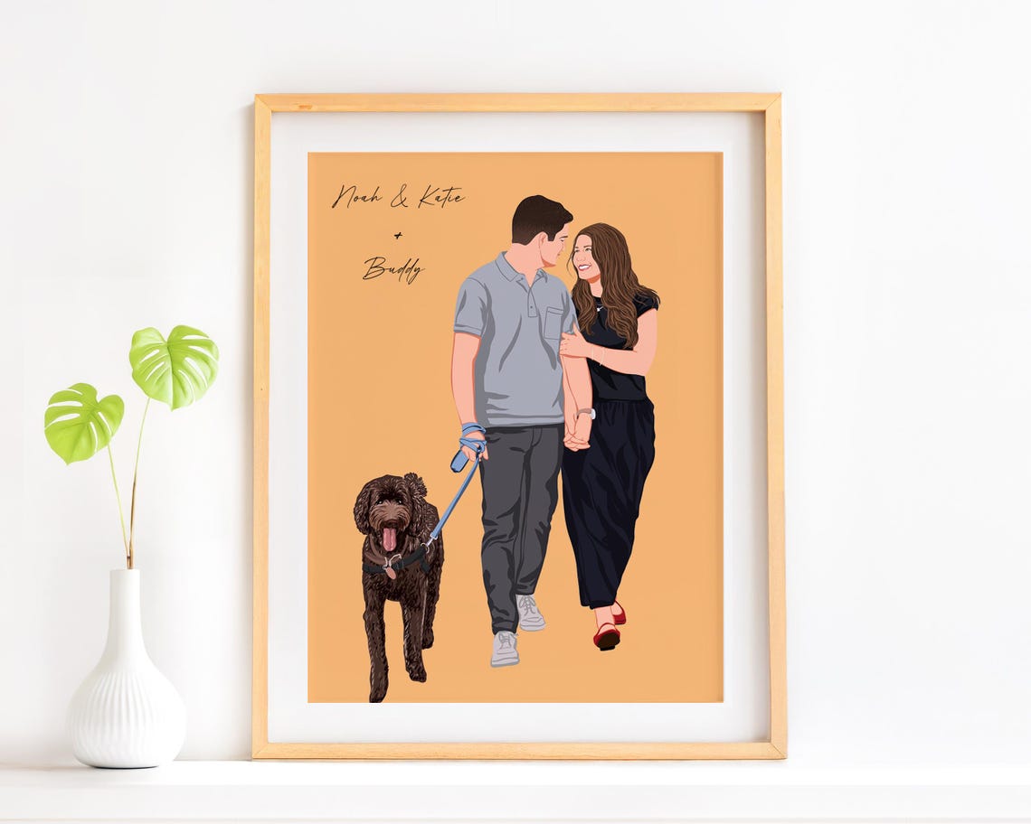 Custom Couple with Dog Walking Faceless Portrait Illustration Poster
