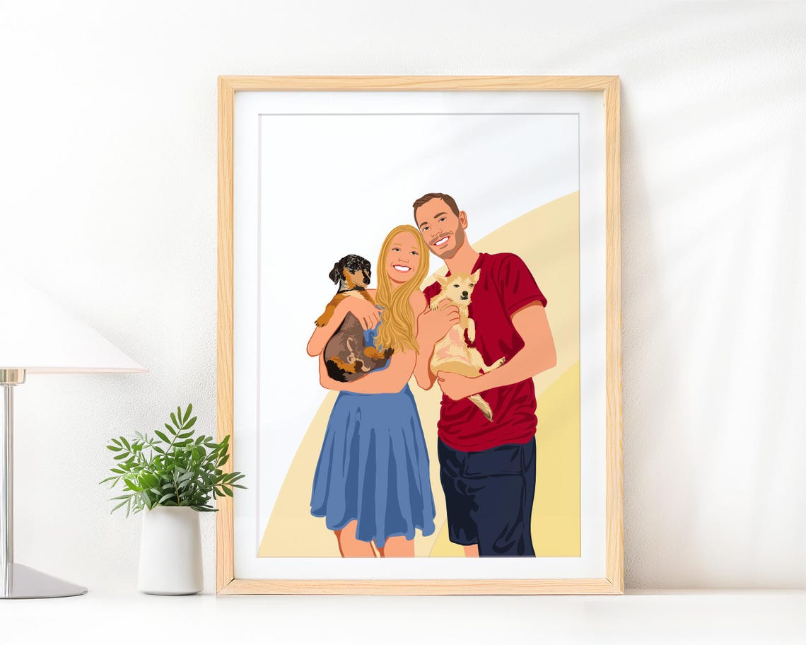 Custom Couple Holding Two Dogs Faceless Portrait Illustration Poster