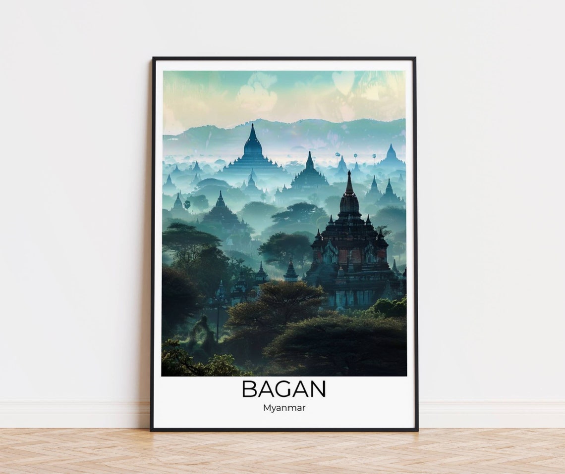 Bagan Myanmar Ancient Temple Plain Misty Dawn Landscape Poster
