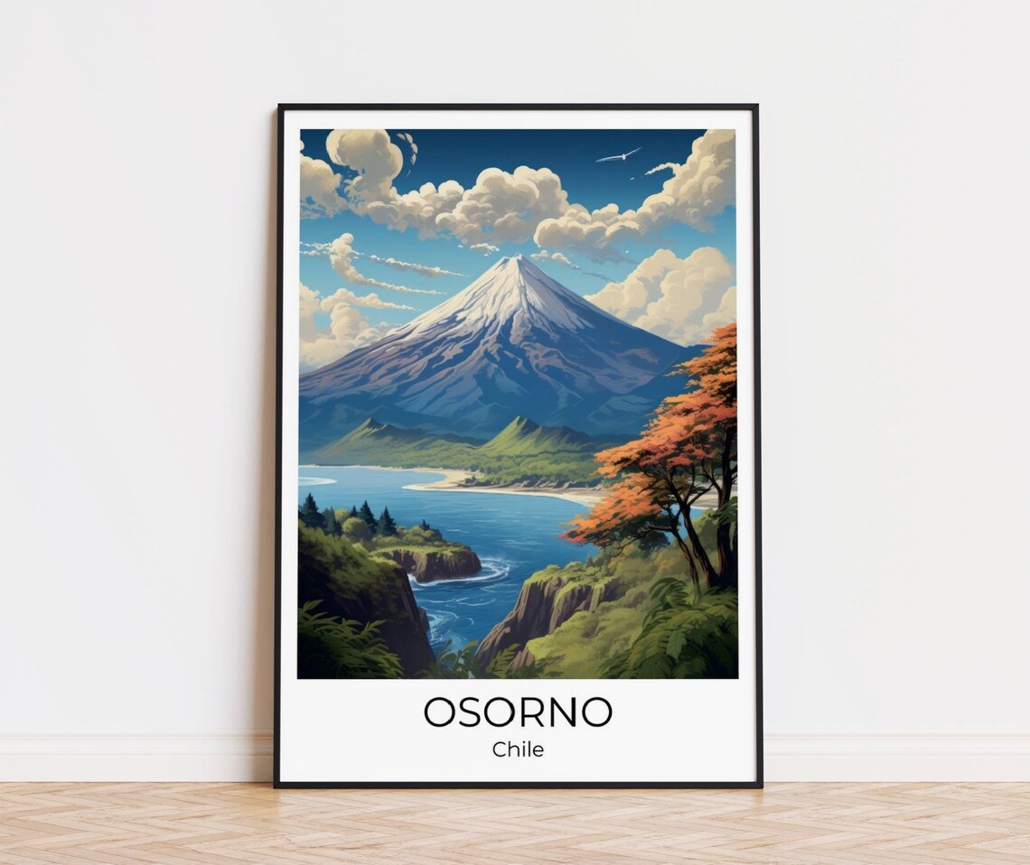 Osorno Volcano Chile Snowcapped Peak Lake Autumn Travel Poster