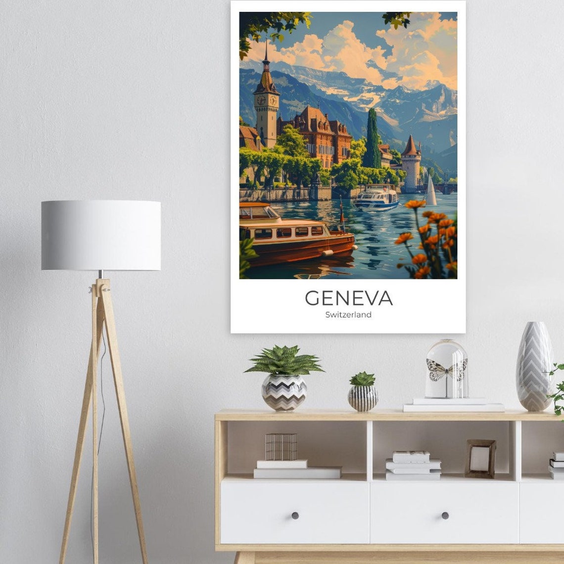 Geneva Lakefront with Boats and Mountains Switzerland Travel Poster - Image 2