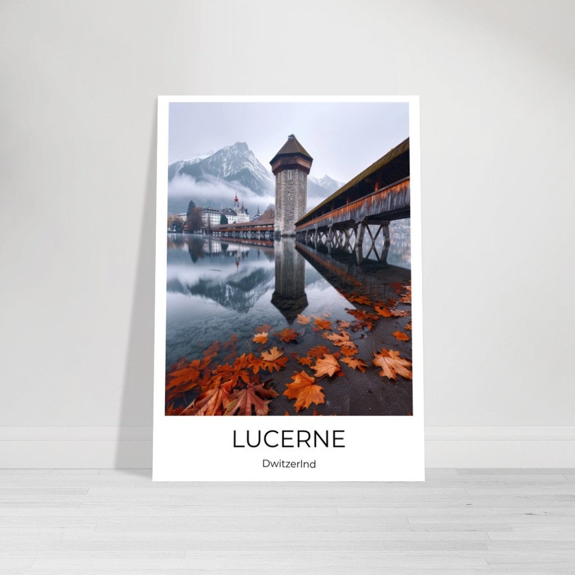 Lucerne Switzerland Chapel Bridge Autumn Leaves Lake View Poster - Image 2
