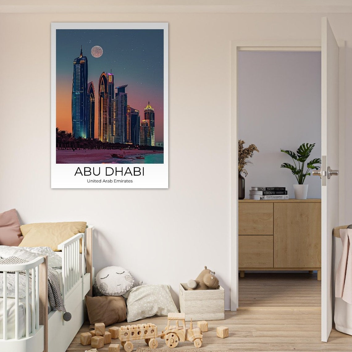 Abu Dhabi Skyline at Moonrise Over the Sandy Beach Travel Poster - Image 3