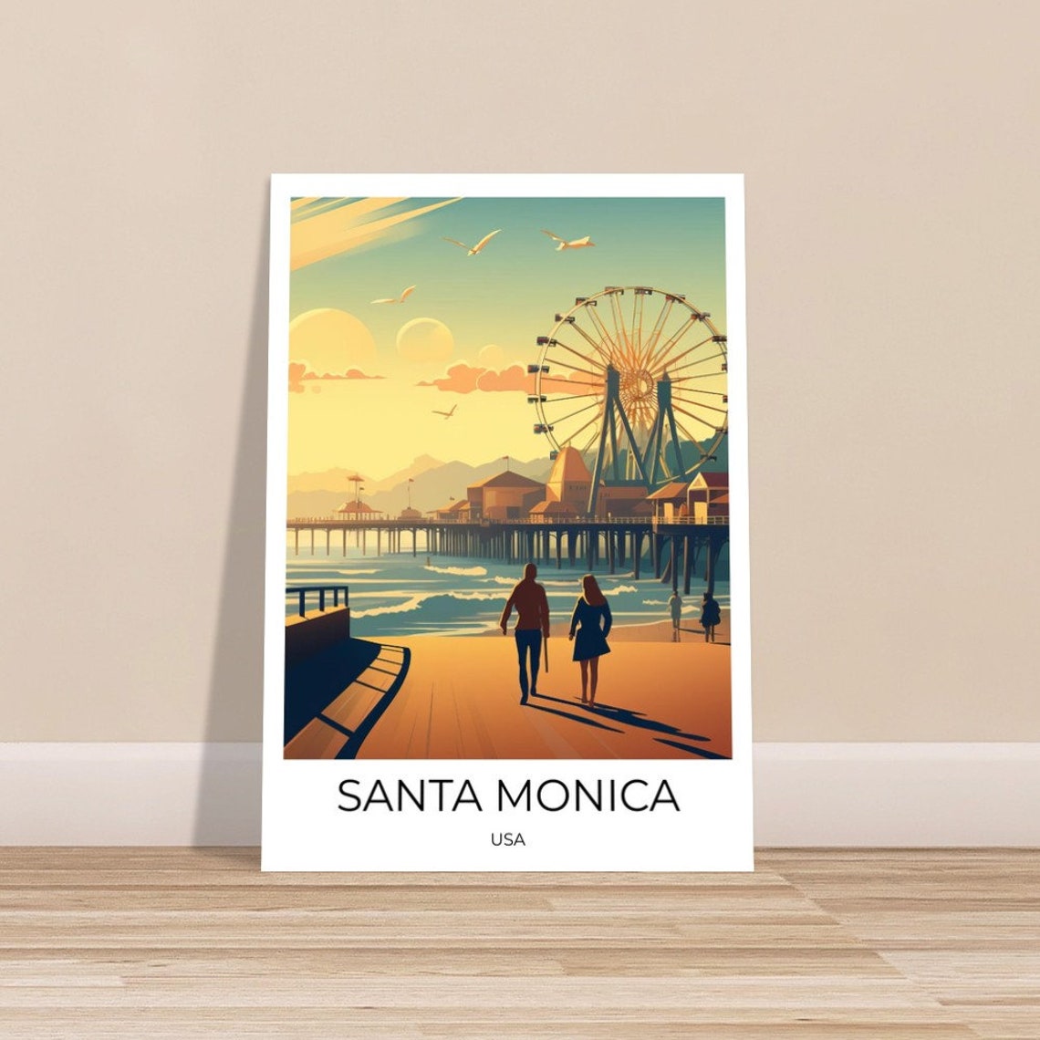 Santa Monica Pier Sunset Ferris Wheel Vintage Travel Art Poster