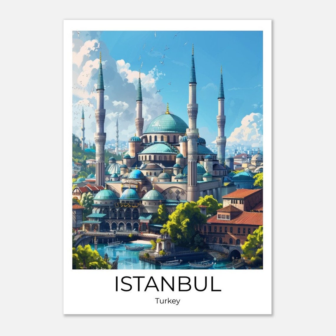 Istanbul Turkey Grand Mosque Minarets Blue Domes Illustration Poster