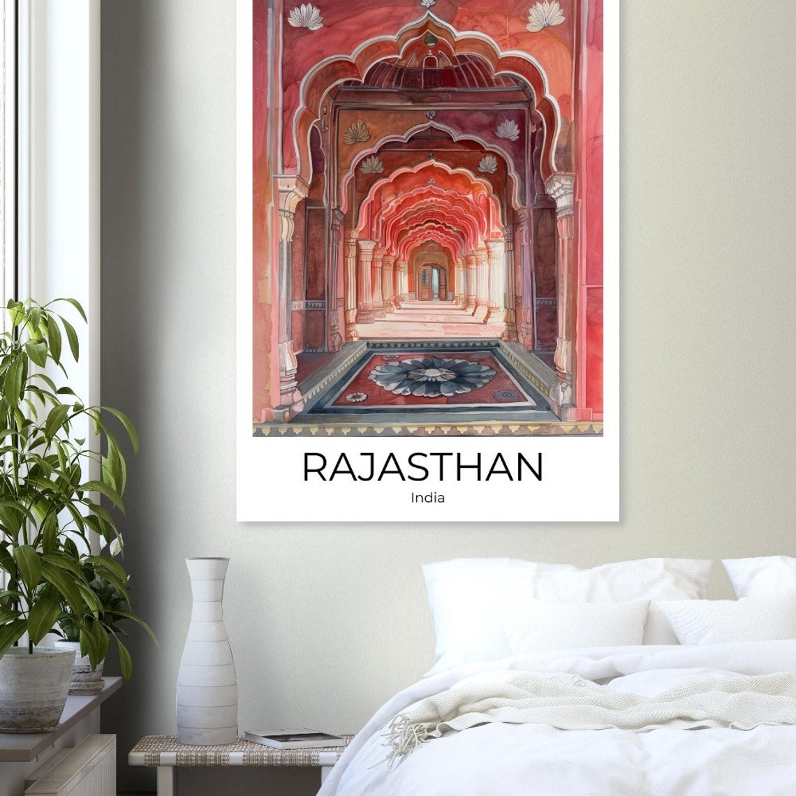 Rajasthan India Red Palace Arched Corridor Watercolor Poster - Image 4