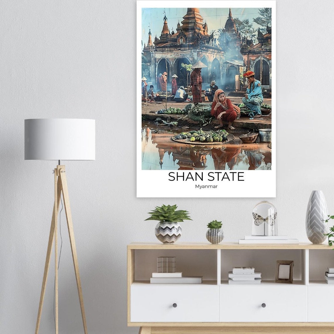 Shan State Myanmar Floating Market Temple Vendors Scene Poster - Image 3