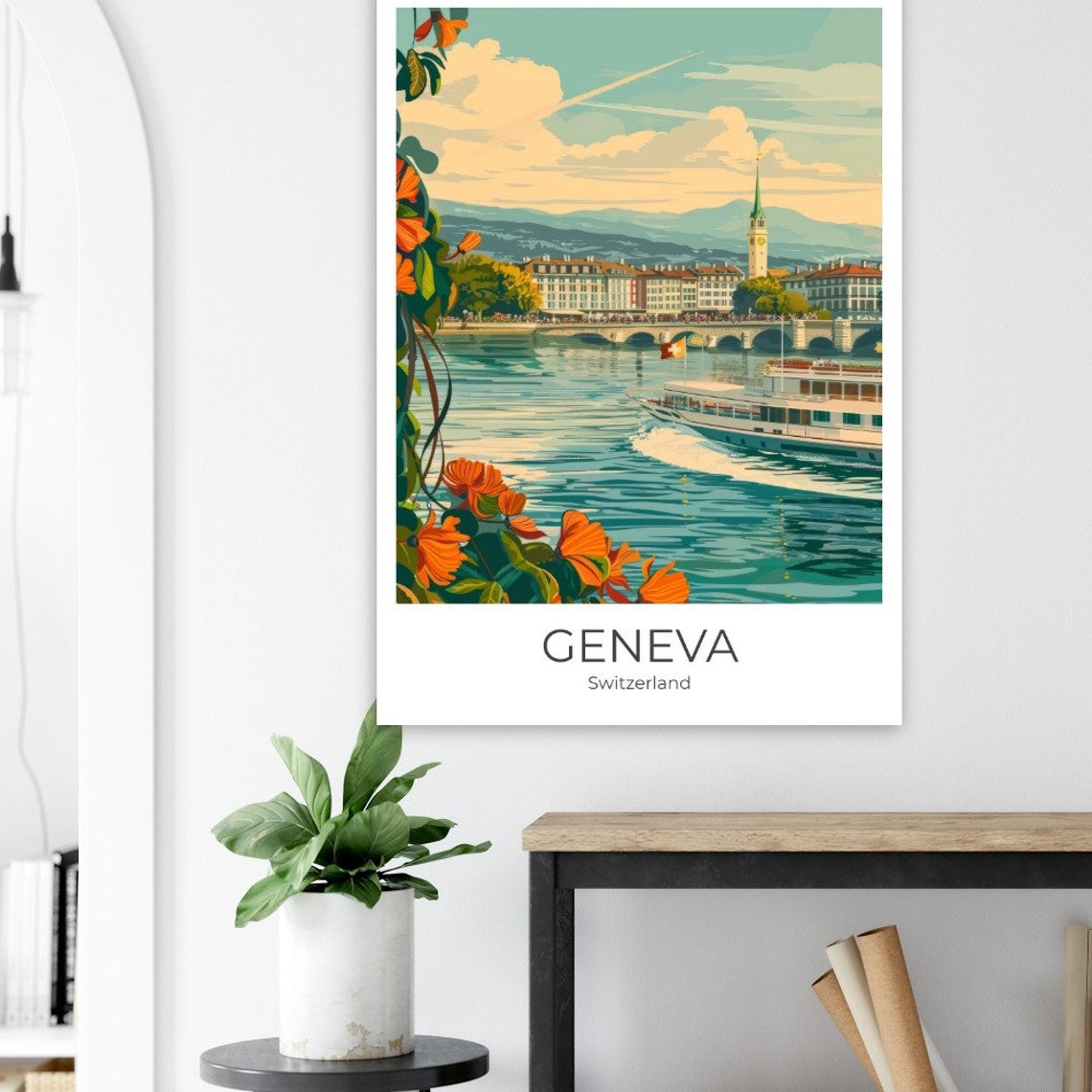Geneva Lake Paddle Steamer Bridge Vintage Switzerland Travel Poster - Image 3