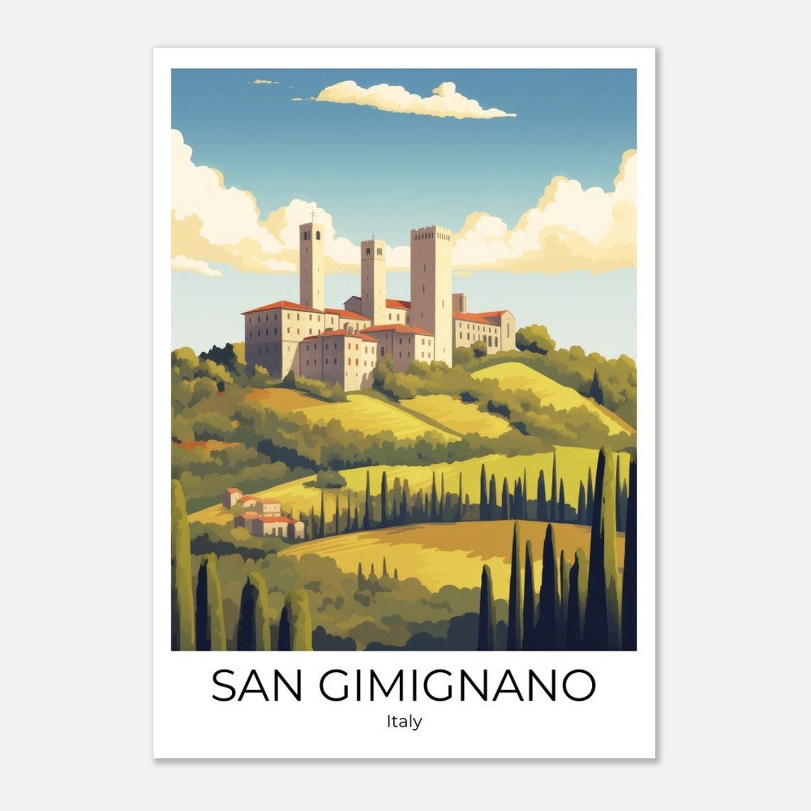 San Gimignano Medieval Towers Tuscan Hills Cypress Illustration Poster - Image 2