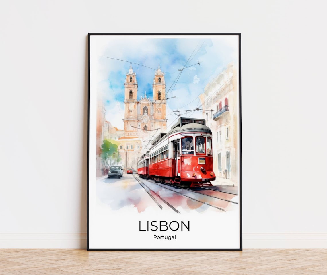 Lisbon Red Tram Cathedral Street Watercolor Portugal Travel Poster