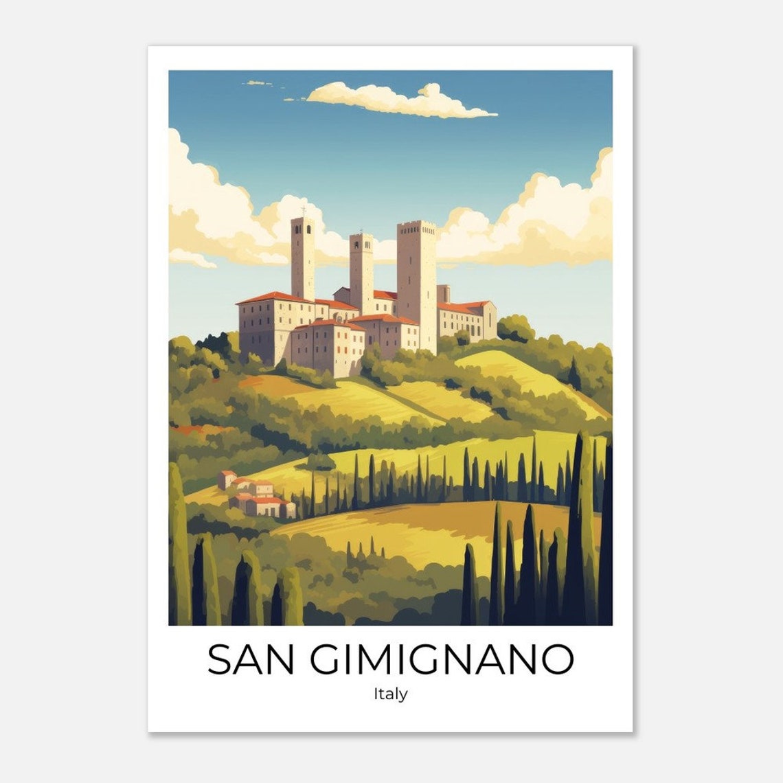 San Gimignano Medieval Towers Tuscan Hills Cypress Illustration Poster