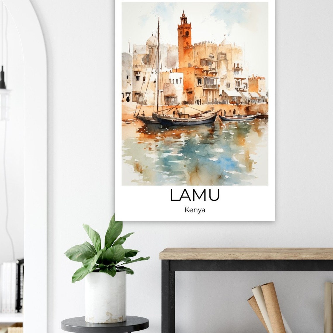 Lamu Kenya Old Town Dhow Boats Harbor Watercolor Africa Travel Poster - Image 2