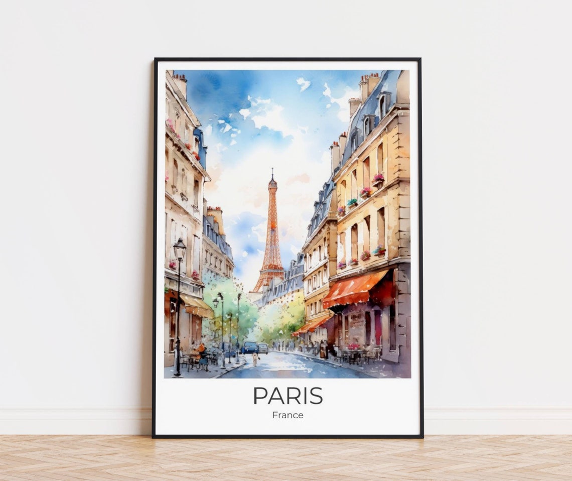 Paris Eiffel Tower Street Travel Poster France Watercolor Cafe Scene