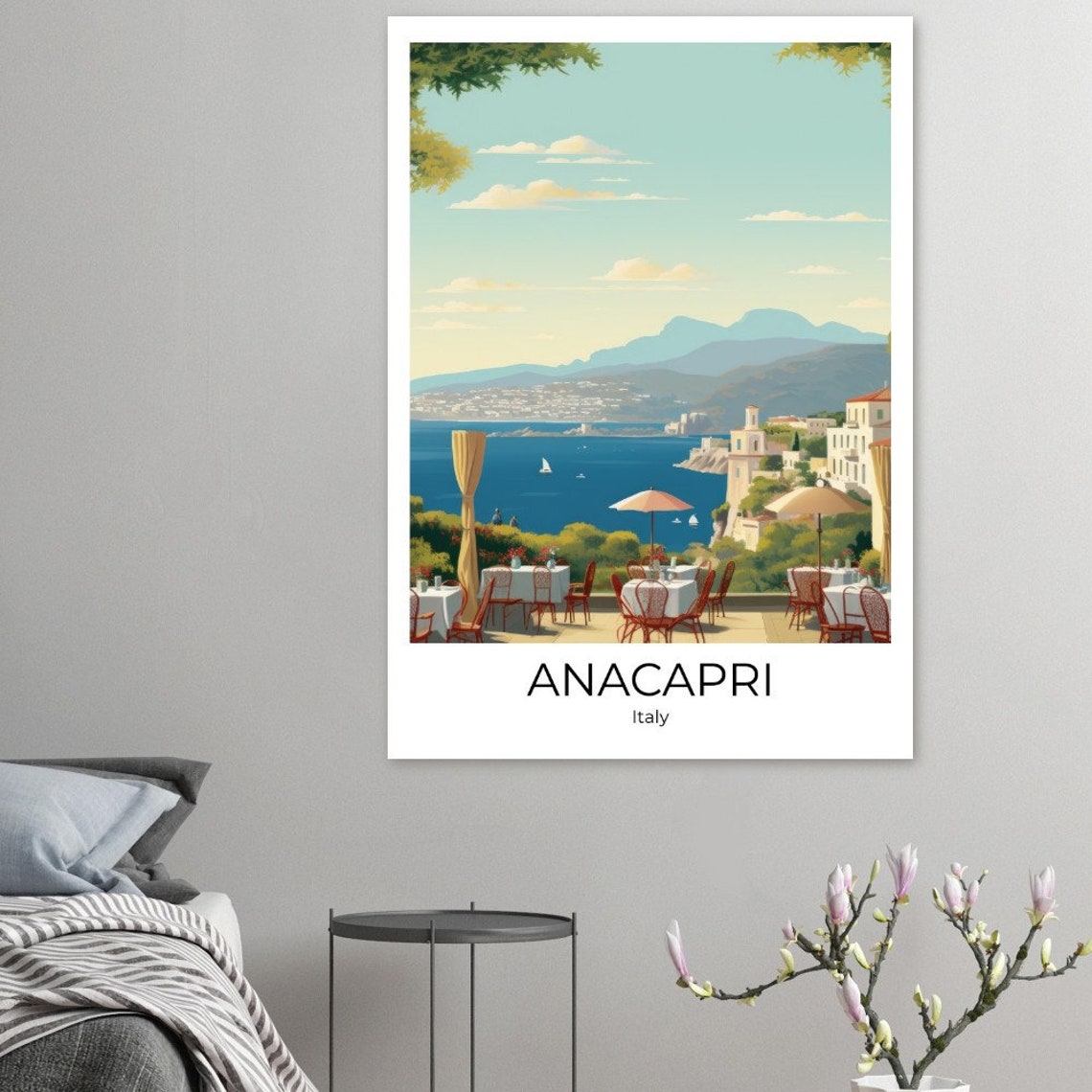 Anacapri Italy Seaside Terrace Restaurant Bay View Watercolor Poster - Image 3