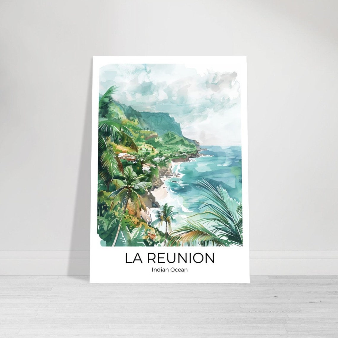 La Reunion Indian Ocean Tropical Coast Watercolor Travel Poster - Image 4