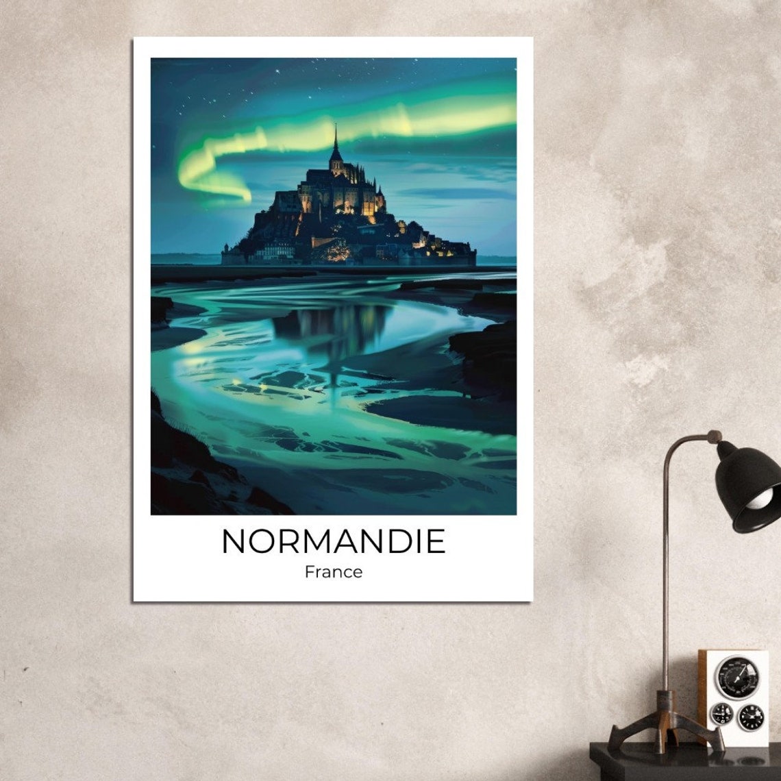 Normandy France Mont Saint Michel Under Aurora Night Sky Poster - Image 2