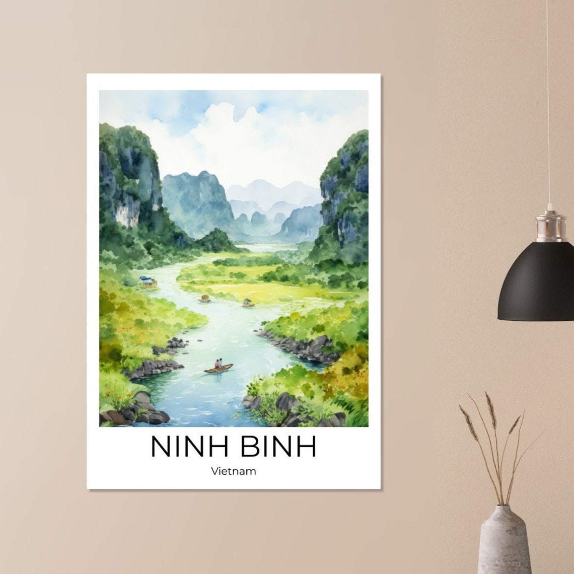 Ninh Binh Vietnam Karst River Valley Boats Watercolor Travel Poster - Image 3