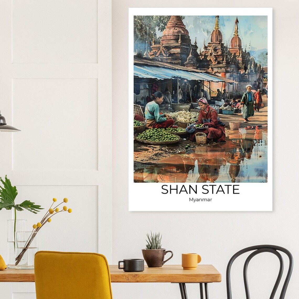 Shan State Myanmar Street Market Stupas Watercolor Travel Poster - Image 2