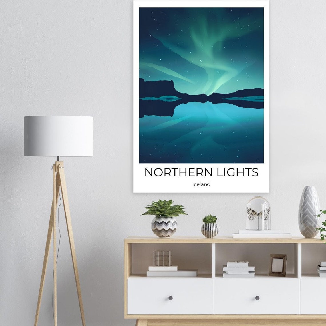 Northern Lights Iceland Aurora Over Still Water Night Sky Poster - Image 3