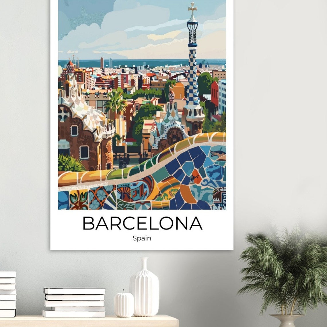 Barcelona Spain Park Guell Mosaic Terrace Modernist Art Poster - Image 3
