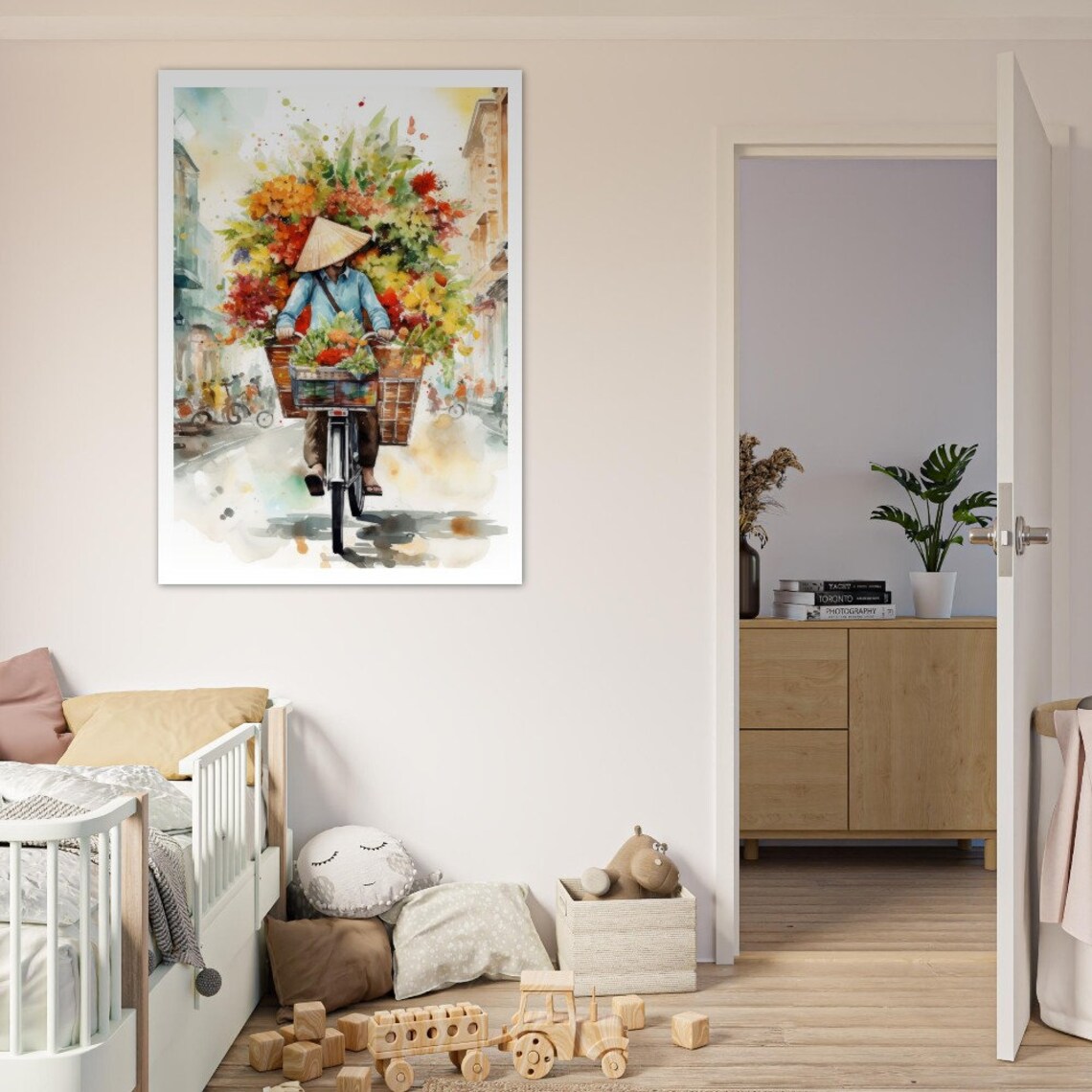 Hanoi Flower Bike Vendor Old Quarter Watercolor Street Scene Poster - Image 4