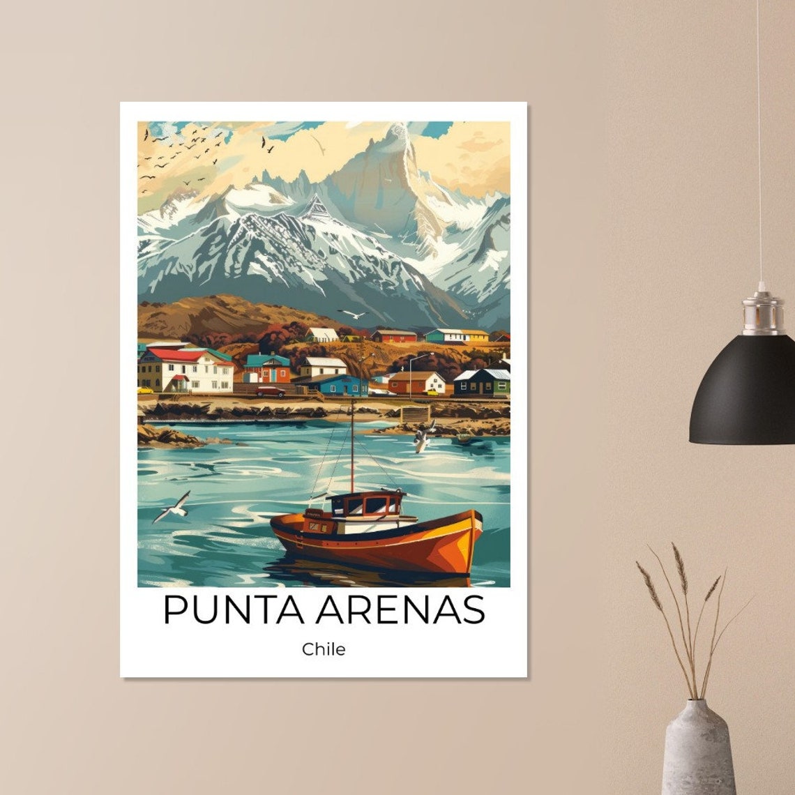 Punta Arenas Chile Harbor Boat Snowy Peaks Illustration Poster - Image 3