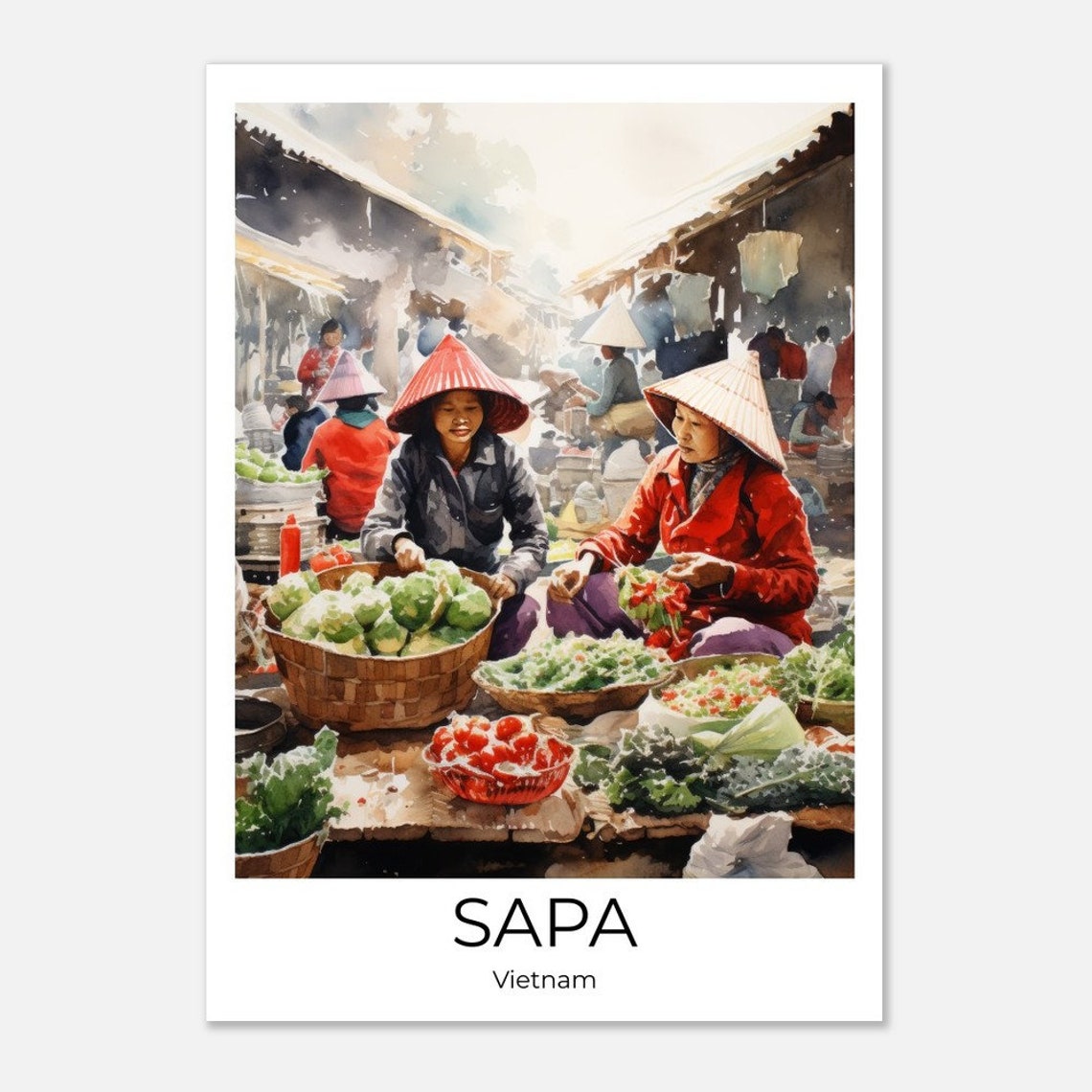 Sapa Vietnam Street Market Vendors Conical Hats Watercolor Poster - Image 2