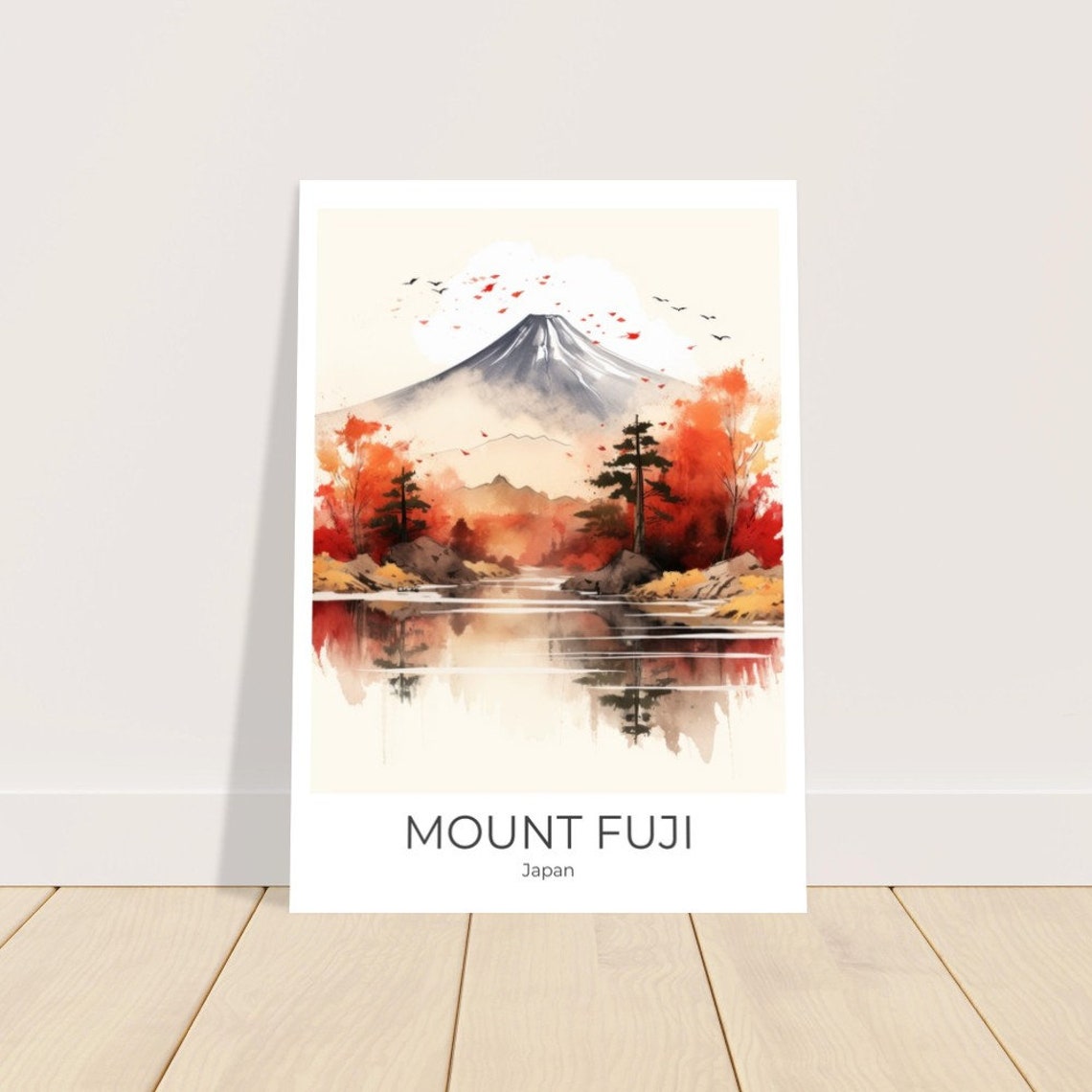 Mount Fuji Japan Autumn Maple Lake Reflection Watercolor Poster - Image 3