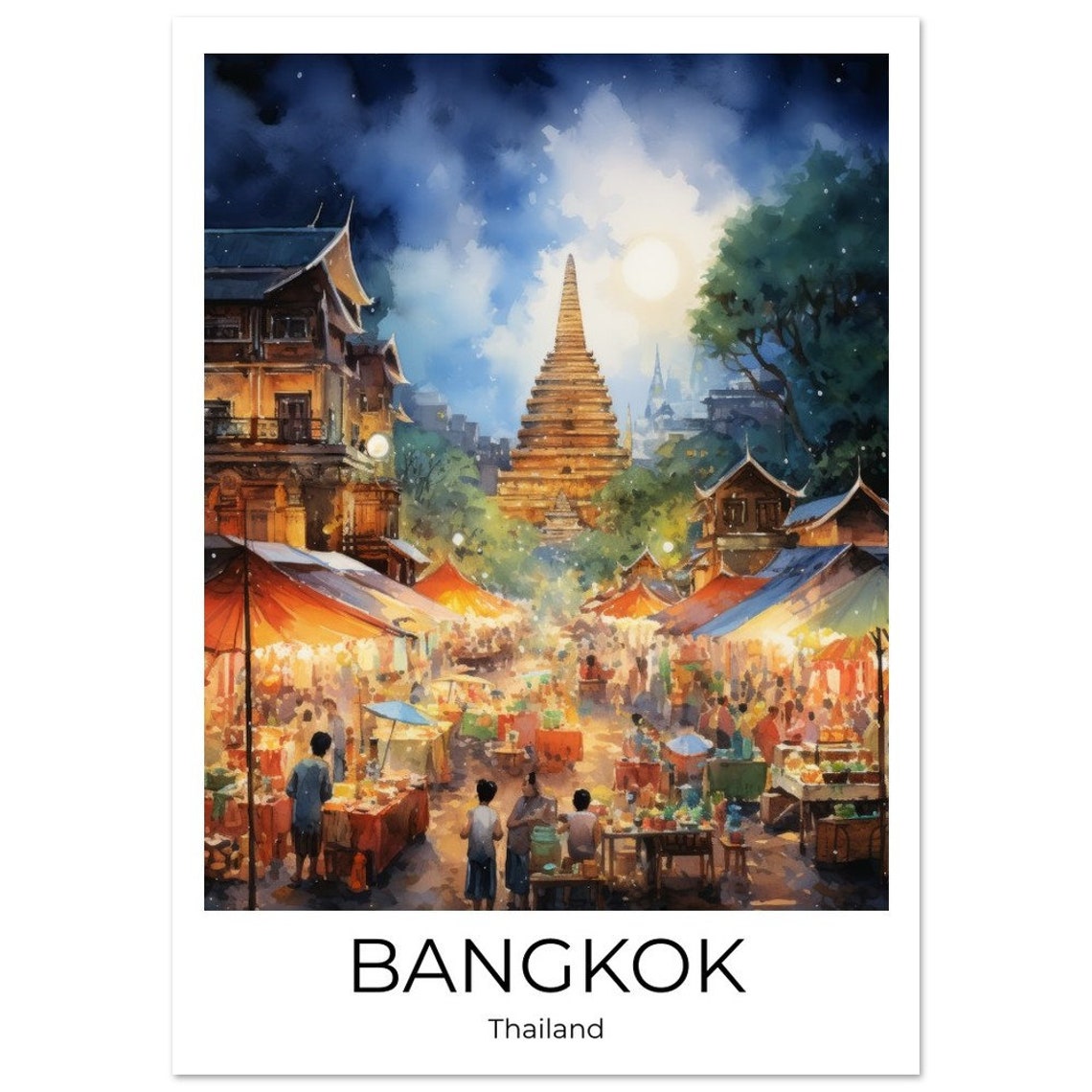 Bangkok Nightmarket Watercolor Travel Poster Of Bangkok Wall Art Bangkok Travel Thailand Bangkok Wall Decoration - Image 4