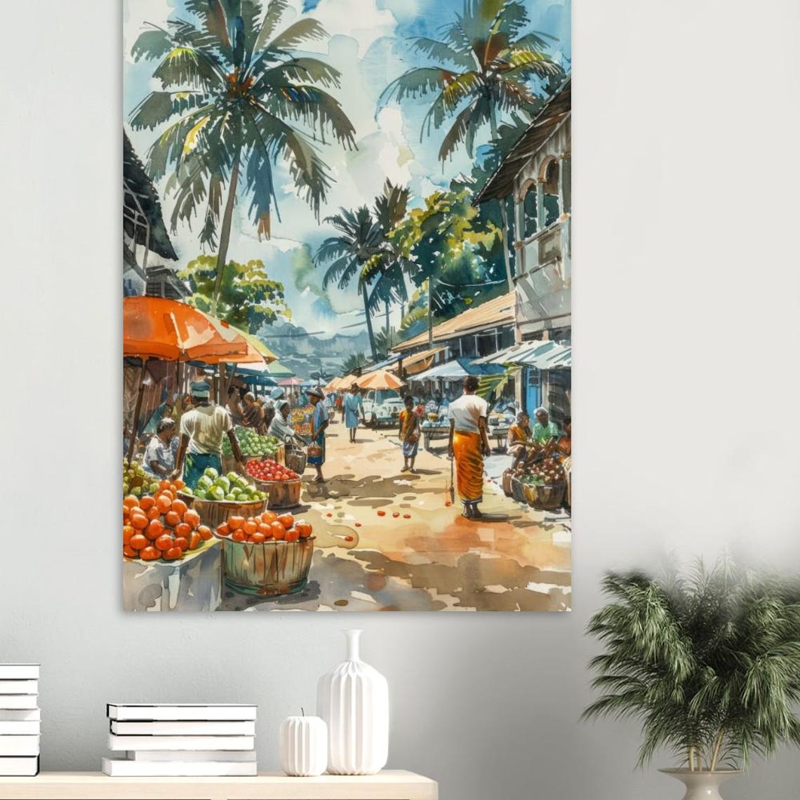 Mauritius Tropical Market Street Palm Watercolor Scene Art Poster - Image 2