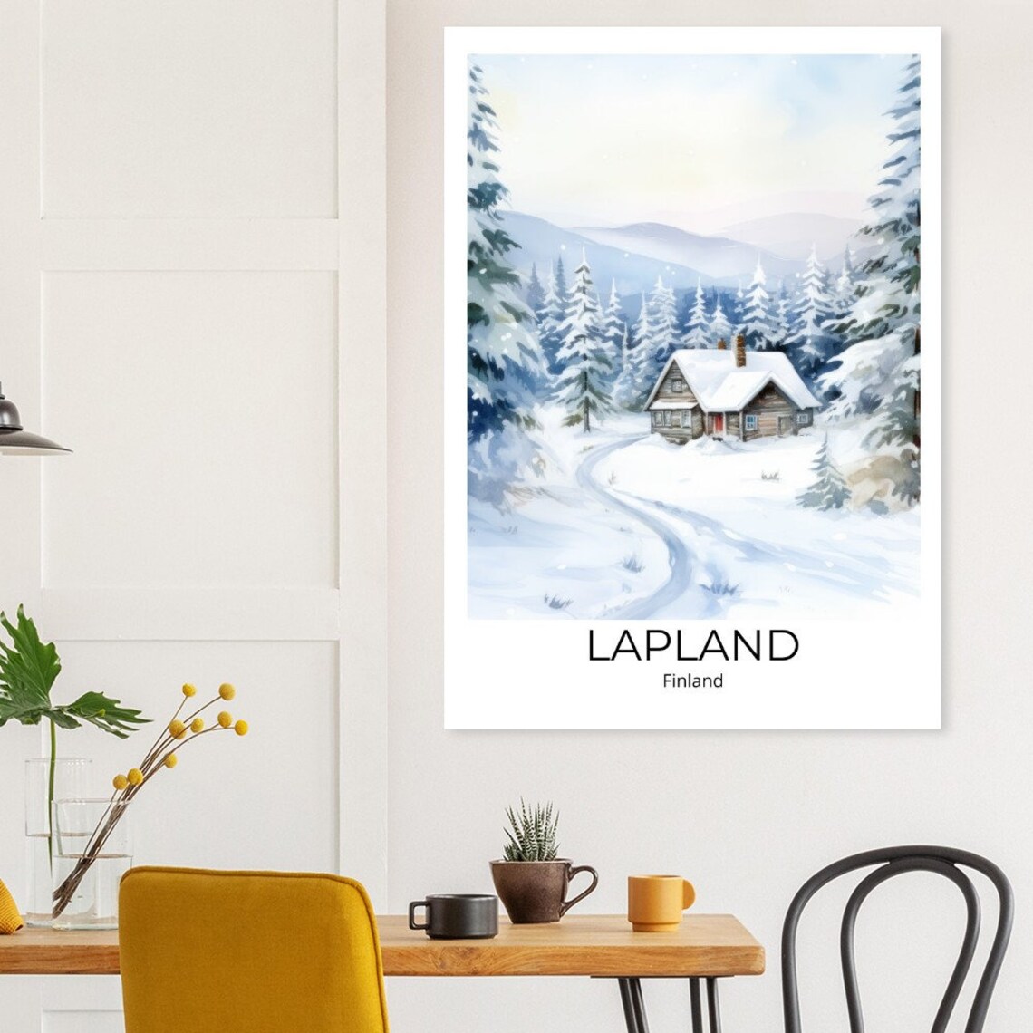 Lapland Finland Snowy Watercolor Winter Cabin Pine Trees Poster - Image 3