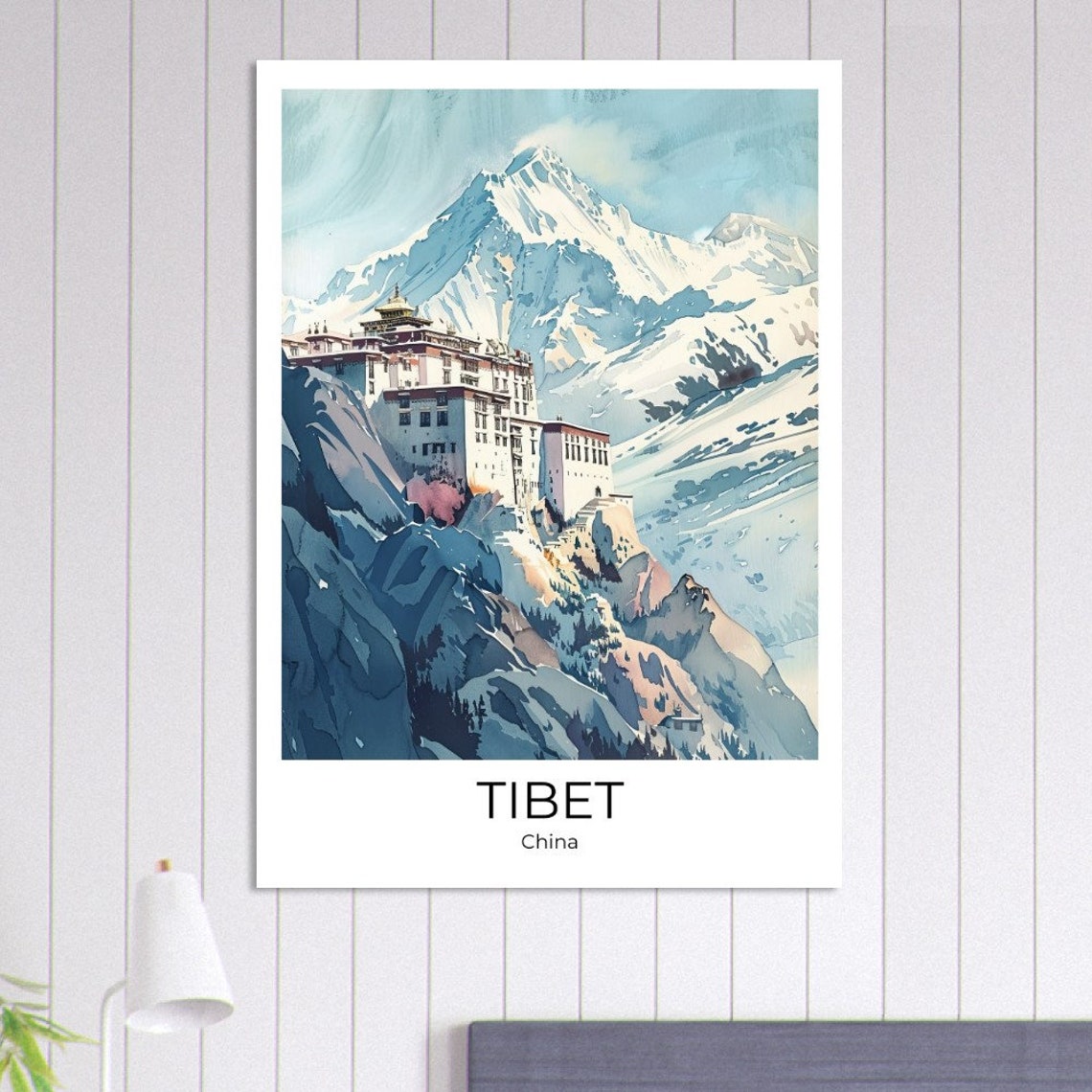 Tibet China Himalayan Monastery Snowy Peaks Watercolor Poster - Image 3